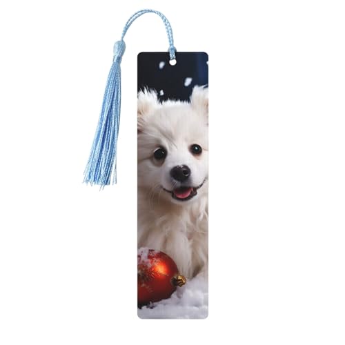 Holz-Lesezeichen für Männer und Frauen, Holz-Lesezeichen mit Löchern und Quasten, Vintage-Lesezeichen "Merry Christmas", weißer Schneehund, Holzanhänger zum Aufhängen, Ornamente, handgefertigte Holz-Lesezeichen für Männer und Frauen, Holz-Lesezeichen mit Löchern und Quasten, Vintage-Lesezeichen "Merry Christmas", weißer Schneehund, Holzanhänger zum Aufhängen, Ornamente, handgefertigte von LKTPSKQRY