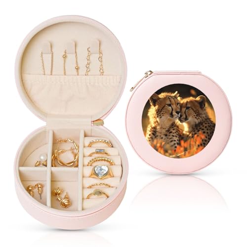 LKTPSKQRY Reise-Schmuckschatulle, Leder, klein, Schmuck-Organizer für Damen, tragbarer Schmuckkoffer, Geparden-Liebe, Aufbewahrungsbox, Mini-Reiseetui für Halsketten, Ringe von LKTPSKQRY