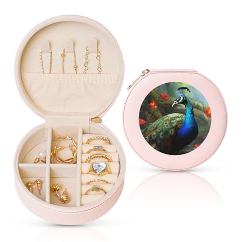 LKTPSKQRY Reise-Schmuckschatulle, Leder, klein, Schmuck-Organizer für Damen, tragbarer Schmuckkoffer, bunter Pfau, Aufbewahrungsboxen, Mini-Reiseetui für Halsketten, Ringe von LKTPSKQRY