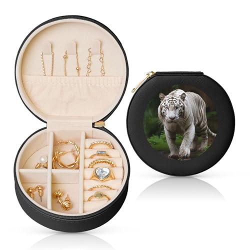LKTPSKQRY Reise-Schmuckschatulle, Leder, klein, Schmuck-Organizer für Damen, tragbarer Schmuckkoffer, majestätischer weißer Bengalischer Tiger, Aufbewahrungsboxen, Mini-Reiseetui für Halsketten, Ringe LKTPSKQRY Reise-Schmuckschatulle, Leder, klein, Schmuck-Organizer für Damen, tragbarer Schmuckkoffer, majestätischer weißer Bengalischer Tiger, Aufbewahrungsboxen, Mini-Reiseetui für Halsketten, Ringe von LKTPSKQRY