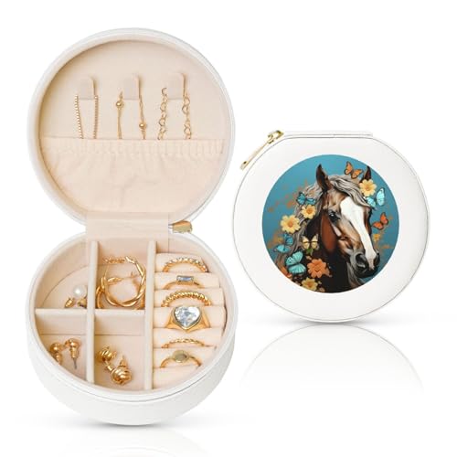 LKTPSKQRY Reise-Schmuckschatulle, Leder, klein, Schmuck-Organizer für Damen, tragbares Schmuckkästchen, ein Pferd mit Blumen und Schmetterlingen, Mini-Reiseetui für Halsketten, Ringe LKTPSKQRY Reise-Schmuckschatulle, Leder, klein, Schmuck-Organizer für Damen, tragbares Schmuckkästchen, ein Pferd mit Blumen und Schmetterlingen, Mini-Reiseetui für Halsketten, Ringe von LKTPSKQRY
