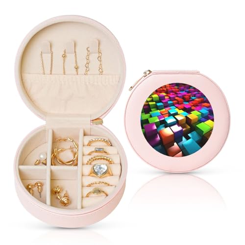 LKTPSKQRY Schmuckschatulle Leder Kleine Schmuck Organizer für Frauen, Tragbare Schmuck Fall 3D Bunte Würfel Display Lagerung Halter Boxen Mini Reise Fall für Halskette Ringe von LKTPSKQRY