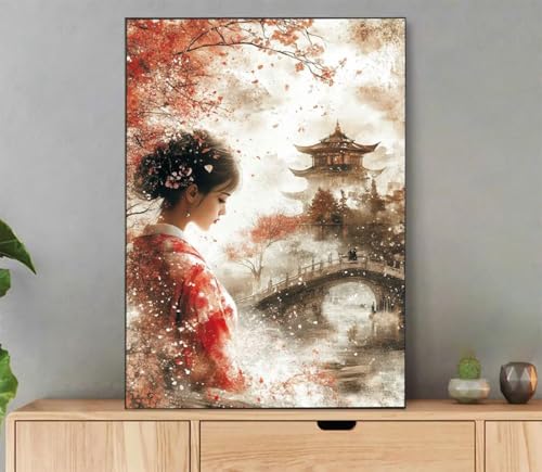 Malen Nach Zahlen Erwachsene Geisha Paint by Numbers Landschaft Malen Nach Zahlen mit Rahmen 60x80cm Leinwand Ölgemälde Set mit Pinseln und Acrylfarbe für Zimmer Deko Geschenke für Frauen LM-575 von LLEDAOZN