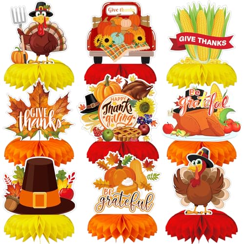 9 x Thanksgiving-Waben-Mittelstücke, Truthahn, Kürbis, Ahornblätter, Waben, Erntedankfest, Tischdekoration für Thanksgiving, Tischdekoration, Herbst, Thema, Geburtstagsparty-Zubehör von LLKJYXGS