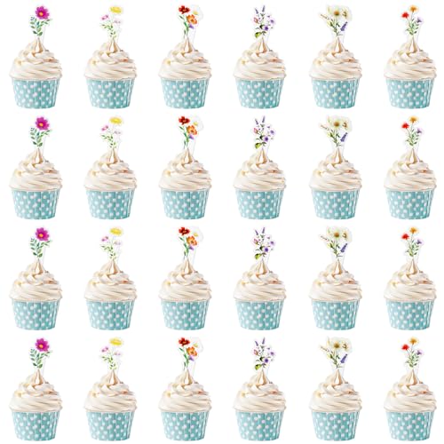 Cupcake-Topper mit Wildblumen-Motiv, für Geburtstagspartys, Babypartys, Dekorationen für Mädchen, Frauen, Garten, Fee, Party, Dekoration, 48 Stück von LLMSIX