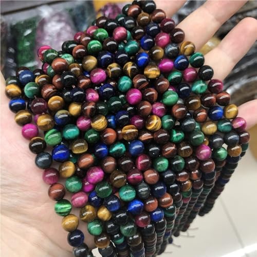 LLMWFA 15" Tigerauge lose Perlen, runde Achate 4 6 8 10 12 14MM Perle zur Herstellung von Kunsthandwerksartikeln, blau rosa grüner Naturstein(Seven Color,8mm x 46) von LLMWFA