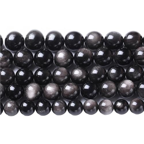 LLMWFA 15" Tigerauge lose Perlen, runde Achate 4 6 8 10 12 14MM Perle zur Herstellung von Kunsthandwerksartikeln, blau rosa grüner Naturstein(Silver Obsidian,8mm x 46) von LLMWFA