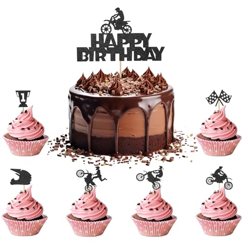 25 Stück Motorrad Tortendeko Cupcake Topper,Glitter Schwarz Motorrad Cupcake Topper,Dirt Bike Motorrad-Deko Geburtstag,Sport Motocross Thema Kuchen Deko,Junge Geburtstag Party Kuchen Dekoration von LLOUSSAK