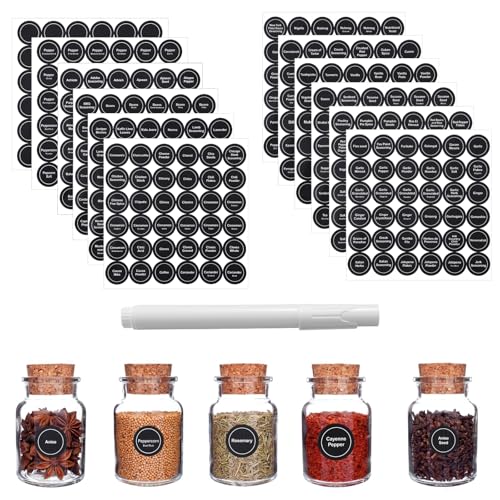 432 Stück Gewürzetiketten Selbstklebend mit 1 Stiften, Wasserdicht und Reißfest Aufkleber Gewürzetiketten, Aufkleber rund minimalistisch, Schwarz Küchenetiketten von LLOUSSAK