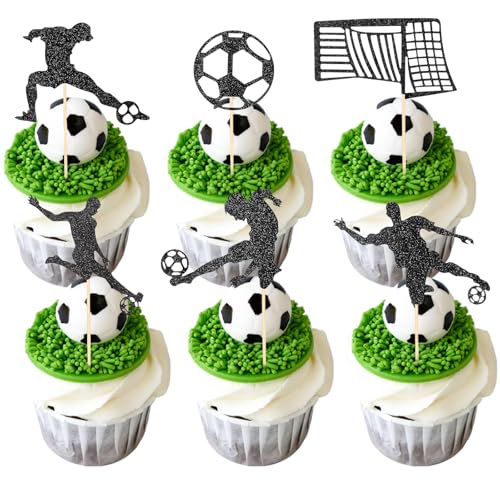 Fußball-Cupcake-Topper, Fußball-Kuchenaufsätze für Jungen, Sport-Kuchendekorationen, schwarzes Glitzer, Tor, Fußball-Cupcake-Dekorationen für Jungen und Männer, Geburtstagsparty-Geschenk, 24 Stück Fußball-Cupcake-Topper, Fußball-Kuchenaufsätze für Jungen, Sport-Kuchendekorationen, schwarzes Glitzer, Tor, Fußball-Cupcake-Dekorationen für Jungen und Männer, Geburtstagsparty-Geschenk, 24 Stück von LLOUSSAK