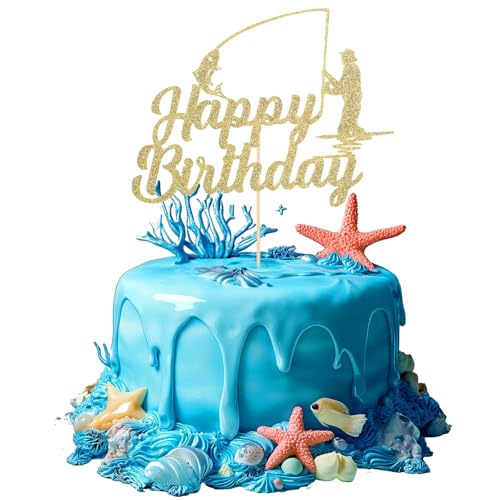Goldener Angelkuchenaufsatz, Fischer, Happy Birthday, Fischkuchenaufsätze, Angelgeburtstagsparty-Dekorationen, Outdoor-Angel-Cupcake-Happy Birth Topper für Jungen und Herren Goldener Angelkuchenaufsatz, Fischer, Happy Birthday, Fischkuchenaufsätze, Angelgeburtstagsparty-Dekorationen, Outdoor-Angel-Cupcake-Happy Birth Topper für Jungen und Herren von LLOUSSAK