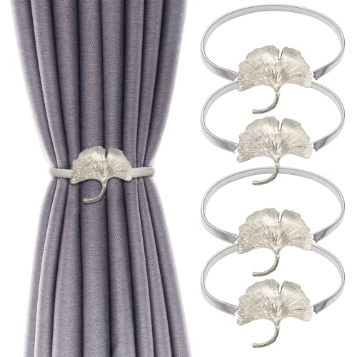 Vorhang-Raffhalter aus Aluminiumlegierung, Feder-Design, Vorhanghalter, Blattschnitz-Design, Vorhangbinder für Vorhänge, Raffhalter, moderner Stil, Vorhanghalter-Dekor (silberner Ginkgo), 4 Stück von LLPMutu