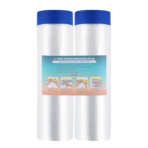 LLPT Abdeckfolie Klebeband mit Folie | 2 Rollen | Transparent Abdeckfolie Selbstklebende Malerfolie Malerband | Zum Schutz von Autos Wänden Staub und Spritzschutz (MFTB1402) | 140cm(ungefaltet) x 20m von LLPT