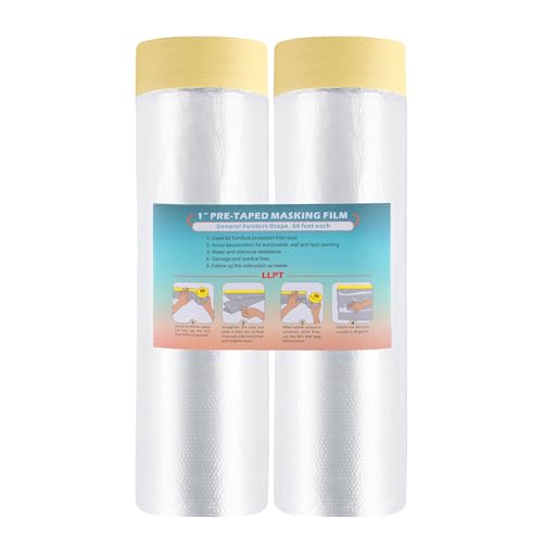 LLPT Abdeckfolie Klebeband mit Folie | 2 Rollen | Transparent Abdeckfolie Selbstklebende Malerfolie Malerband | Zum Schutz von Autos Wänden Staub und Spritzschutz (MFTW1402) | 140cm(ungefaltet) x 20m von LLPT