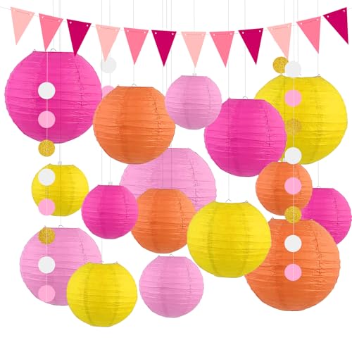 18 Stück Papierlaternen Set,Wiederverwendbare dekorative rundeLaternen-Schirme,für Schulveranstaltungen,Geburtstagsfeiern,inklusive bunten Fahnen und Pailletten (Pinkfarbenes Set) von LLTLGF
