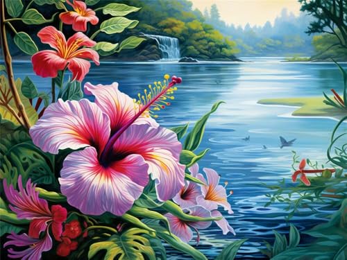 Malen Nach Zahlen Erwachsene Blume Meer, Malen Nach Zahlen mit Pinseln und Acrylfarben, DIY Paint by Numbers 80x60 cm, Malen-Nach-Zahlen Leinwand für Anfänger, Home Wand Decor (Ohne Rahmen) -YH419 von LLWYH