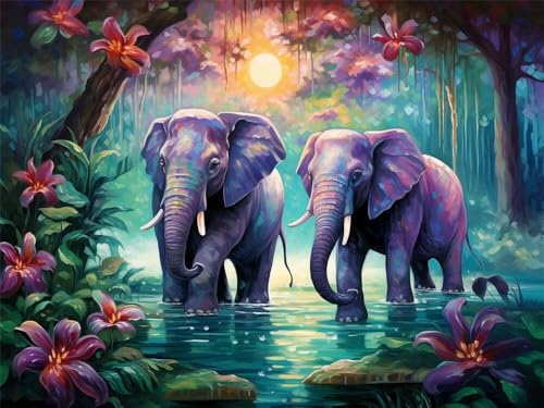 Malen Nach Zahlen Erwachsene Elefant Wald, Malen Nach Zahlen mit Pinseln und Acrylfarben, DIY Paint by Numbers 40x30 cm, Malen-Nach-Zahlen Leinwand für Anfänger, Home Wand Decor (Ohne Rahmen) -YH427 von LLWYH