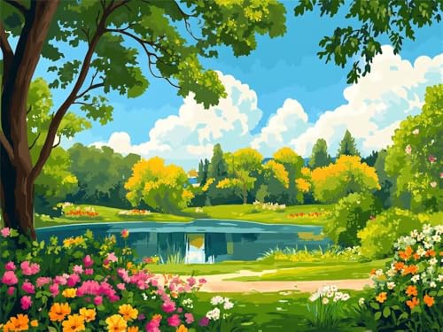 Malen Nach Zahlen Erwachsene Frühlingslandschaft See, Malen Nach Zahlen mit Pinseln und Acrylfarben, DIY Paint by Numbers 100 x 70 cm, Malen-Nach-Zahlen Leinwand für Anfänger (Ohne Rahmen) -YH405 von LLWYH