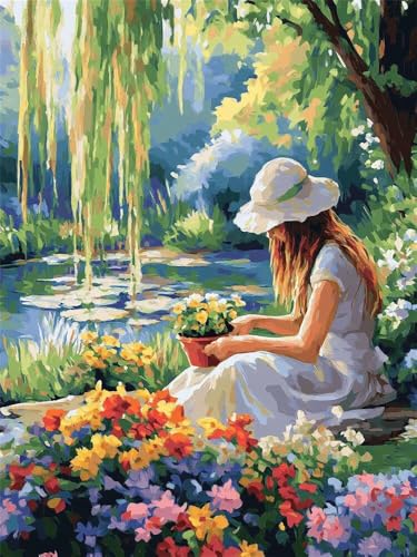 Malen Nach Zahlen Erwachsene Garten Frau, Malen Nach Zahlen mit Pinseln und Acrylfarben, DIY Paint by Numbers 30 x 40 cm, Malen-Nach-Zahlen Leinwand für Anfänger, Home Wand Decor (Ohne Rahmen) -YH677 von LLWYH
