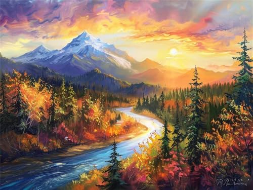 Malen Nach Zahlen Erwachsene Groß 100x70 cm, Malen Nach Zahlen Herbstlandschaft Wald Fluss, DIY Paint by Numbers, Handgemalt Ölgemälde Leinwand Kit Mit Pinseln und Acrylfarbe (Ohne Rahmen) -YH596 von LLWYH