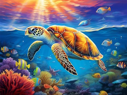 Malen Nach Zahlen Erwachsene Groß 120 x 80 cm, Malen Nach Zahlen Schildkröte Kleine Fische, DIY Paint by Numbers, Handgemalt Ölgemälde Leinwand Kit Mit Pinseln und Acrylfarbe (Ohne Rahmen) -YH582 von LLWYH
