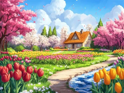 Malen Nach Zahlen Erwachsene Groß 120x80 cm, Malen Nach Zahlen Gartenhaus Landschaft, DIY Paint by Numbers, Handgemalt Ölgemälde Kit Mit Pinseln und Acrylfarbe für Wand Dekor (Ohne Rahmen) -YH404 von LLWYH