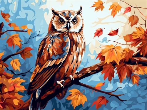 Malen Nach Zahlen Erwachsene Groß 40 x 30 cm, Malen Nach Zahlen Eule Ahornblätter, DIY Paint by Numbers Handgemalt Ölgemälde Leinwand Kit Mit Pinseln und Acrylfarbe Als Geschenk (Ohne Rahmen) -YH434 von LLWYH