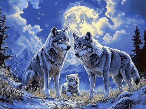 Malen Nach Zahlen Erwachsene Groß 40 x 30 cm, Malen Nach Zahlen Wolfsfamilie Tiere, DIY Paint by Numbers Handgemalt Ölgemälde Leinwand Mit Pinseln und Acrylfarbe Als Geschenk (Ohne Rahmen) -YH450 von LLWYH