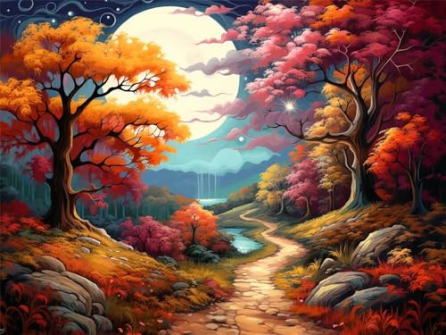 Malen Nach Zahlen Erwachsene Groß 40x30 cm, Malen Nach Zahlen Großer Baum Vollmond-Landschaft, DIY Paint by Numbers, Handgemalt Ölgemälde Leinwand Kit Mit Pinseln und Acrylfarbe (Ohne Rahmen) -YH436 von LLWYH