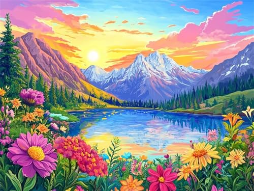 Malen Nach Zahlen Erwachsene Groß 40x30 cm, Malen Nach Zahlen Naturkulisse Szenerie See Blumen, DIY Paint by Numbers, Handgemalt Ölgemälde Leinwand Kit Mit Pinseln und Acrylfarbe (Ohne Rahmen) -YH548 von LLWYH