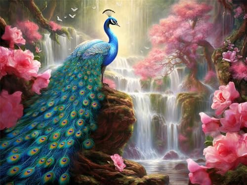 Malen Nach Zahlen Erwachsene Groß 40x30 cm, Malen Nach Zahlen Pfau Wasserfall Blumen, DIY Paint by Numbers, Handgemalt Ölgemälde Kit Mit Pinseln und Acrylfarbe für Wand Dekor (Ohne Rahmen) -YH568 von LLWYH