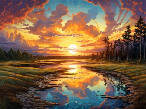 Malen Nach Zahlen Erwachsene Groß 40x30 cm, Malen Nach Zahlen Sonnenuntergang-Landschaft Fluss, DIY Paint by Numbers, Handgemalt Ölgemälde Leinwand Kit Mit Pinseln und Acrylfarbe (Ohne Rahmen) -YH440 von LLWYH