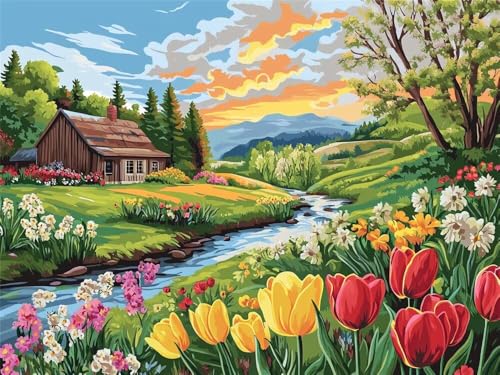 Malen Nach Zahlen Erwachsene Groß 50x40 cm, Malen Nach Zahlen Fluss-Landschaft Haus, DIY Paint by Numbers Handgemalt Ölgemälde Leinwand Mit Pinseln und Acrylfarbe Als Geschenk (Ohne Rahmen) -YH396 von LLWYH