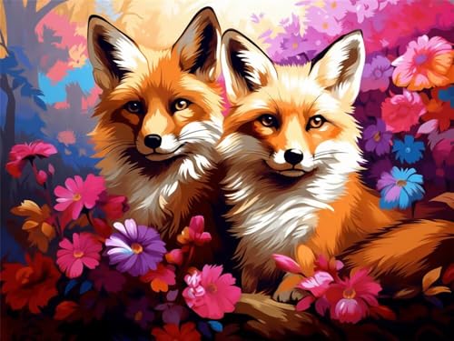 Malen Nach Zahlen Erwachsene Groß 50x40 cm, Malen Nach Zahlen Fuchs Blumen, DIY Paint by Numbers Handgemalt Ölgemälde Leinwand Mit Pinseln und Acrylfarbe für Kinder Als Geschenk (Ohne Rahmen) -YH416 von LLWYH