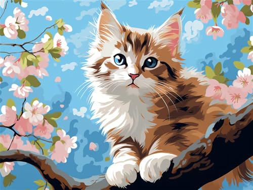 Malen Nach Zahlen Erwachsene Groß 60 x 40 cm, Malen Nach Zahlen Katze Kirschblüte, DIY Paint by Numbers Handgemalt Ölgemälde Leinwand Kit Mit Pinseln und Acrylfarbe Als Geschenk (Ohne Rahmen) -YH422 von LLWYH