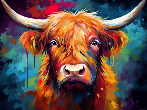 Malen Nach Zahlen Erwachsene Groß 60x40 cm, Malen Nach Zahlen Hochlandkuh Tiere, DIY Paint by Numbers Handgemalt Ölgemälde Leinwand Kit Mit Pinseln und Acrylfarbe Als Geschenk (Ohne Rahmen) -YH552 von LLWYH