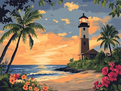 Malen Nach Zahlen Erwachsene Groß 80 x 60 cm, Malen Nach Zahlen Landschaft Leuchtturm Meer, DIY Paint by Numbers, Handgemalt Ölgemälde Leinwand Kit Mit Pinseln und Acrylfarbe (Ohne Rahmen) -YH398 von LLWYH