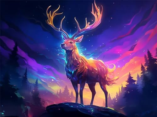 Malen Nach Zahlen Erwachsene Groß 80x60 cm, Malen Nach Zahlen Fantasie-Hirsch Tiere, DIY Paint by Numbers Handgemalt Ölgemälde Leinwand Mit Pinseln und Acrylfarbe Als Geschenk (Ohne Rahmen) -YH468 von LLWYH