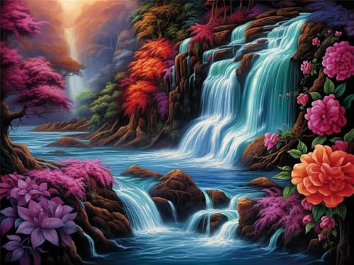 Malen Nach Zahlen Erwachsene Groß 90 x 70 cm, Malen Nach Zahlen Wasserfall Blumen, DIY Paint by Numbers Handgemalt Ölgemälde Leinwand Kit Mit Pinseln und Acrylfarbe Als Geschenk (Ohne Rahmen) -YH414 von LLWYH