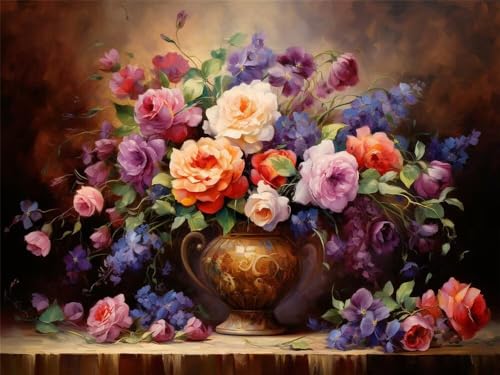Malen Nach Zahlen Erwachsene Groß 90x70 cm, Malen Nach Zahlen Vintage-Vase Blumen, DIY Paint by Numbers Handgemalt Ölgemälde Leinwand Kit Mit Pinseln und Acrylfarbe Als Geschenk (Ohne Rahmen) -YH564 von LLWYH