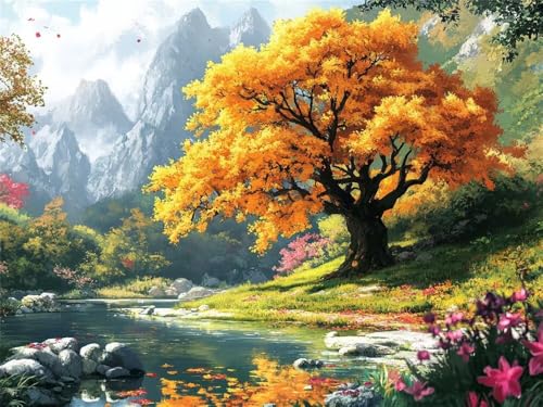 Malen Nach Zahlen Erwachsene Herbstlandschaft Großer Baum, Malen Nach Zahlen Leinwand mit Pinseln und Acrylfarben für Anfänger, DIY Paint by Numbers 90 x 70 cm, Home Wand Decor (Ohne Rahmen) -YH401 von LLWYH