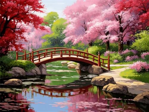 Malen Nach Zahlen Erwachsene Japanischer Stil Park Brücke, Malen Nach Zahlen Leinwand mit Pinseln und Acrylfarben für Anfänger, DIY Paint by Numbers 90x70 cm, Home Wand Decor (Ohne Rahmen) -YH567 von LLWYH