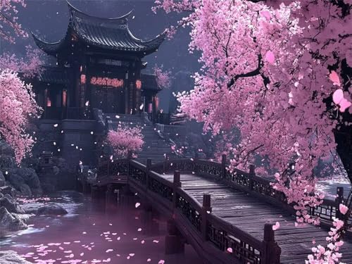 Malen Nach Zahlen Erwachsene Kirschblütenbrücke Japan, Malen Nach Zahlen mit Pinseln und Acrylfarben, DIY Paint by Numbers 40 x 30 cm, Malen-Nach-Zahlen Leinwand für Anfänger (Ohne Rahmen) -YH449 von LLWYH