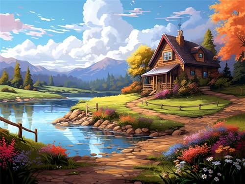 Malen Nach Zahlen Erwachsene Landschaft Fluss Haus, Malen Nach Zahlen mit Pinseln und Acrylfarben, DIY Paint by Numbers 60 x 40 cm, Malen-Nach-Zahlen für Anfänger, Home Decor (Ohne Rahmen) -YH397 von LLWYH