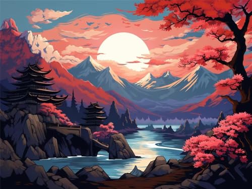 Malen Nach Zahlen Erwachsene Landschaft Sonnenuntergang Fluss, Malen-Nach-Zahlen Leinwand für Anfänger mit Pinseln und Acrylfarben, DIY Paint by Numbers 40 x 30 cm, Home Decor (Ohne Rahmen) -YH573 von LLWYH