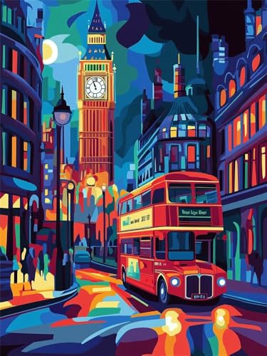 Malen Nach Zahlen Erwachsene Londoner Bus Landschaft, Malen Nach Zahlen mit Pinseln und Acrylfarben, DIY Paint by Numbers 30x40 cm, Malen-Nach-Zahlen für Anfänger, Home Wand Decor (Ohne Rahmen)-YH667 von LLWYH