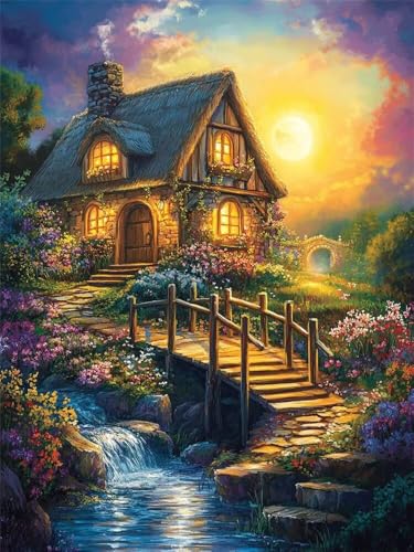 Malen Nach Zahlen Erwachsene Märchenhaftes Haus Landschaft, Malen Nach Zahlen Leinwand mit Pinseln und Acrylfarben für Anfänger, DIY Paint by Numbers 30x40 cm, Home Wand Decor (Ohne Rahmen) -YH671 von LLWYH