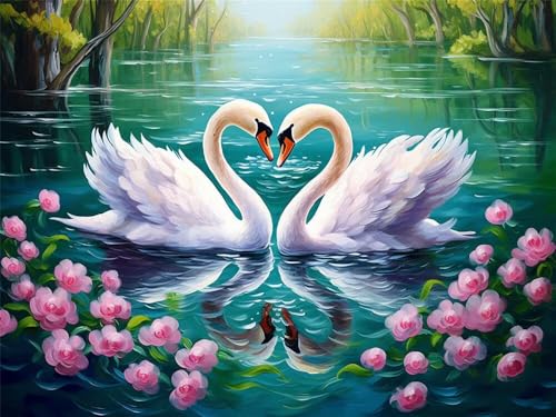 Malen Nach Zahlen Erwachsene Paare Schwan Blumen, Malen Nach Zahlen mit Pinseln und Acrylfarben, DIY Paint by Numbers 40x30 cm, Malen-Nach-Zahlen für Anfänger, Home Wand Decor (Ohne Rahmen) -YH447 von LLWYH
