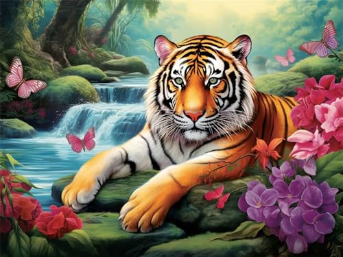 Malen Nach Zahlen Erwachsene Tiger Wasserfall, Malen Nach Zahlen mit Pinseln und Acrylfarben, DIY Paint by Numbers 40 x 30 cm, Malen-Nach-Zahlen für Anfänger, Home Wand Decor (Ohne Rahmen) -YH473 von LLWYH