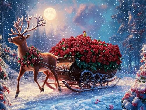 Malen Nach Zahlen Erwachsene Weihnachtshirsch Rosenwagen, Malen Nach Zahlen mit Pinseln und Acrylfarben, DIY Paint by Numbers 90x70 cm, Malen-Nach-Zahlen Leinwand für Anfänger (Ohne Rahmen) -YH471 von LLWYH